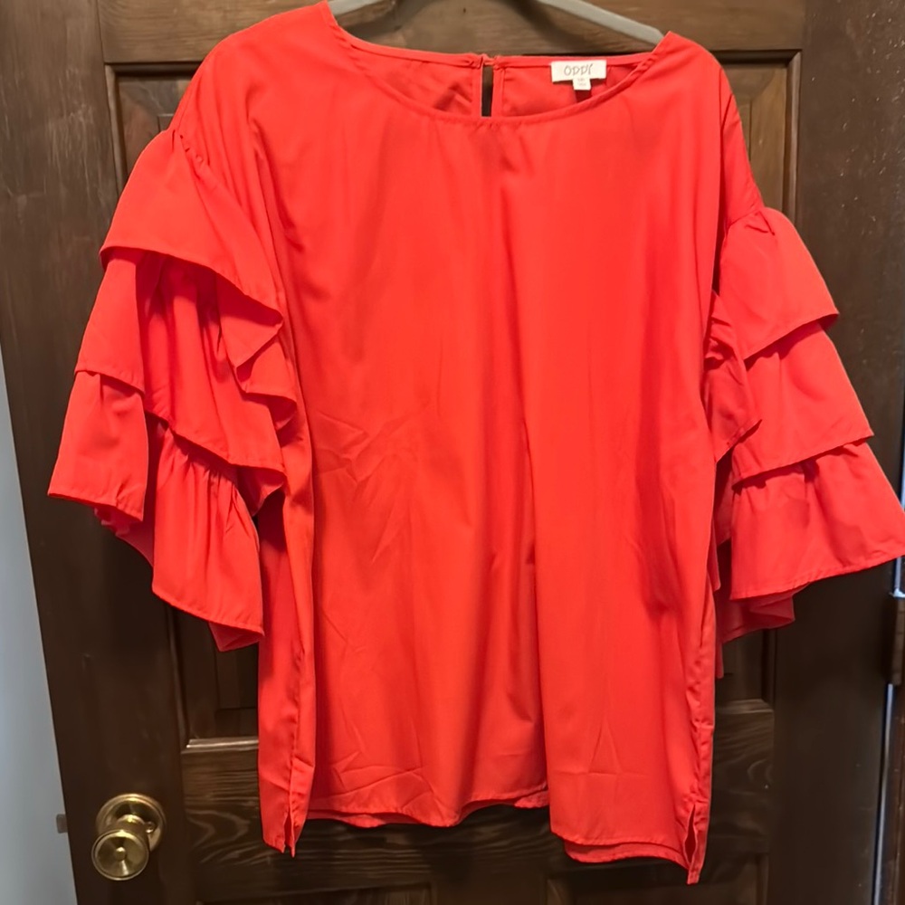 ODDY Red Ruffled Blouse with Dramatic Sleeves